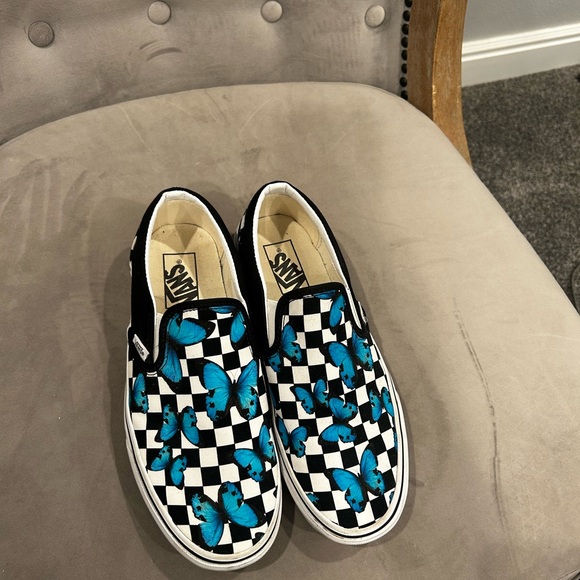 Vans Blue Butterflies Black and White Checkered Slip-On Sneakers - Picture 5 of 6